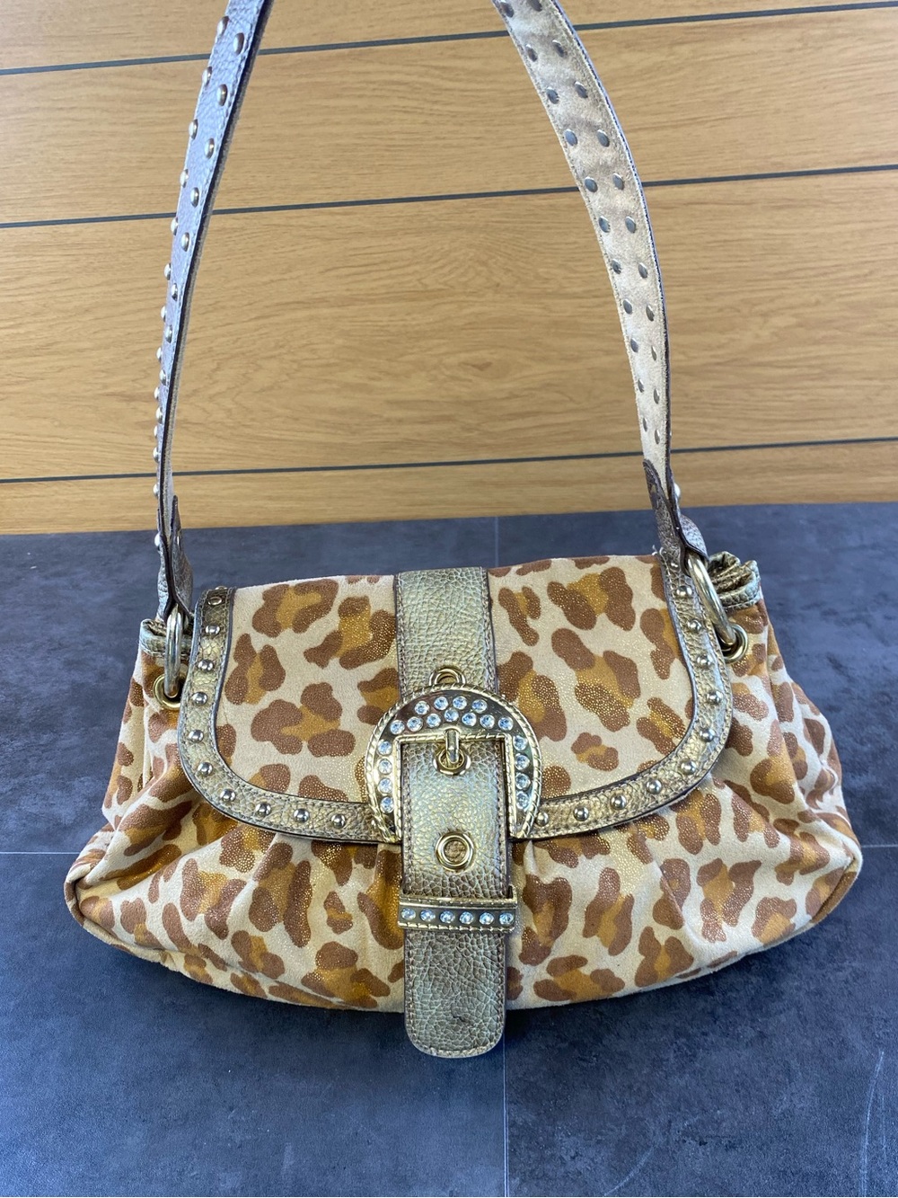 VTG Kathy Van Zeelamd Leopard Print Shoulder Bag with Gold Trim & studs
